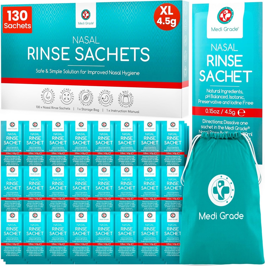Medi Grade Sinus Rinse Packets – Nasal Rinse Essentials Kit di 130 x Salt Packets e Convenient Storage Bag - Godetevi l'irrigazione nasale senza sforzo a casa o sulla via con i nostri Neti Pot Salt Packets