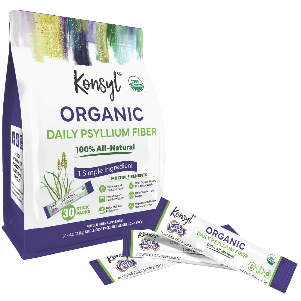 Konsyl Organic Daily Psyllium Fiber Stick Packs - On-The-Go Fiber Supplement Powder - Conveniente, All-Natural Soluble Fiber, Gluten-Free & Sugar-Free, Vegan & Keto - 30 Pacchetti