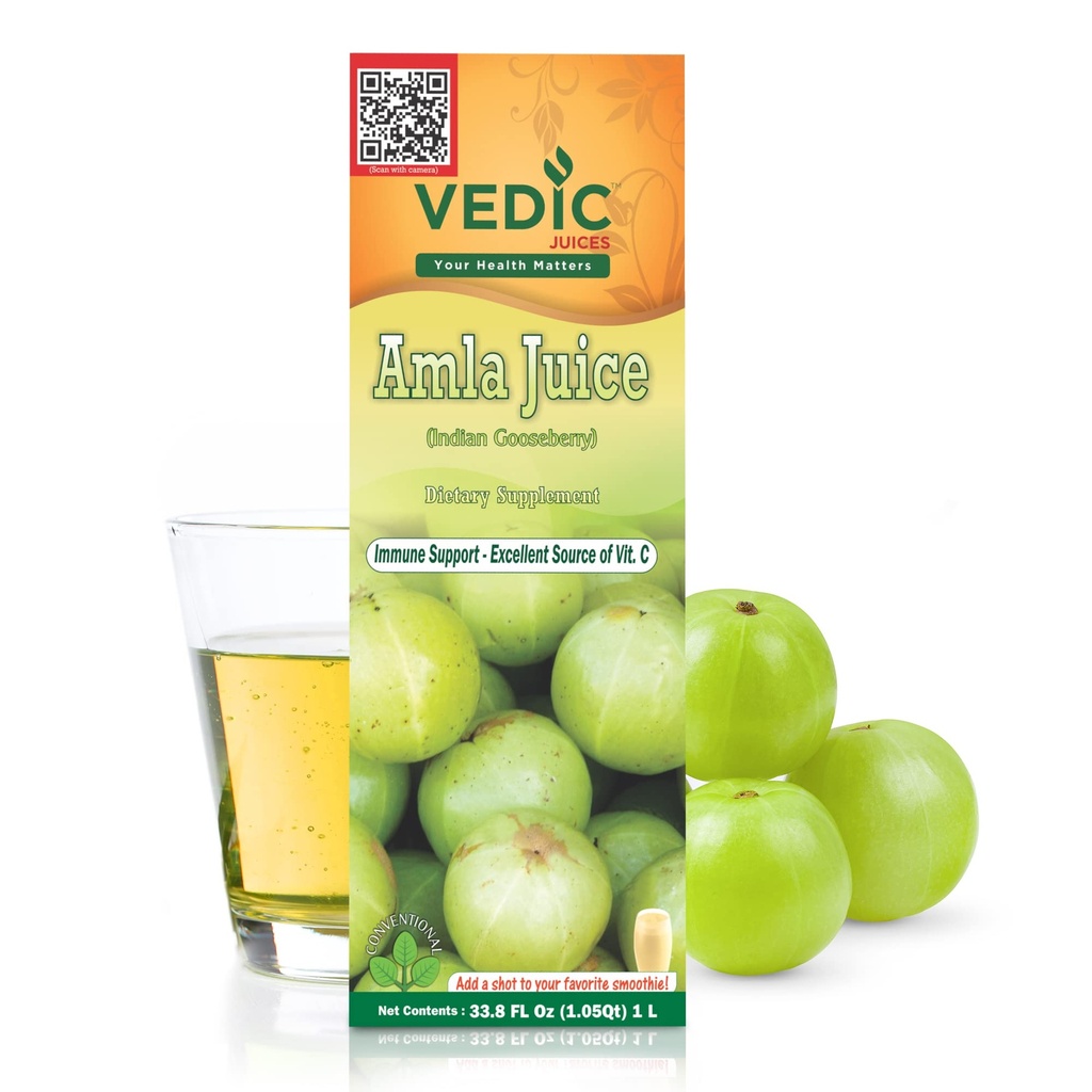 Succhi vedici Succo di Amla, Indian Gooseberry Supplemento con vitamina C per la salute del fegato e la crescita dei capelli, bevanda di erbe - 1 litro