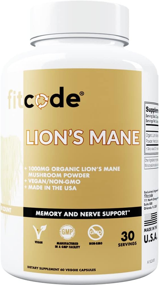 Fitcode Organic Lion’s Mane Mushroom Supplement - Lion’s Mane Mushroom Capsules Nootropics Brain Support Supplemento per Focus Memory Clarity e Immunity Support Lion’s Mane Supplement