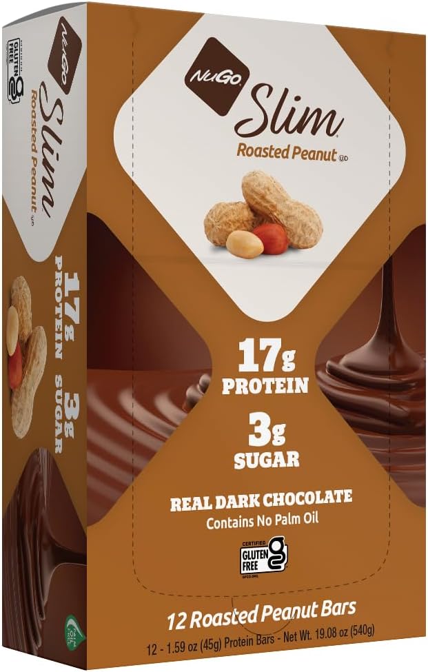 NuGo Slim Cioccolato scuro arrosto arachidi, 16g Protein, 2g Zucchero, 7g Fibra, Carburo basso netto, Keto Friendly, Gluten Free, 12 Conte