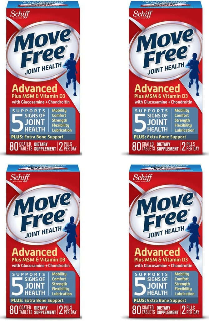 Move Free Advanced Plus MSM e Vitamina D3, 80 compresse - Integratore di salute comune con Glucosamina e Condroitina (Pack of 4)