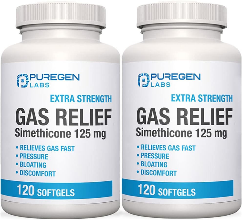 P Puregen Labs Relief Gas ad alta resistenza Softgels con Simethicone 125 mg | Fast Relieve of Pressure, Bloating and Painful Discomfort – 2 Pack | Total 240 Softgels