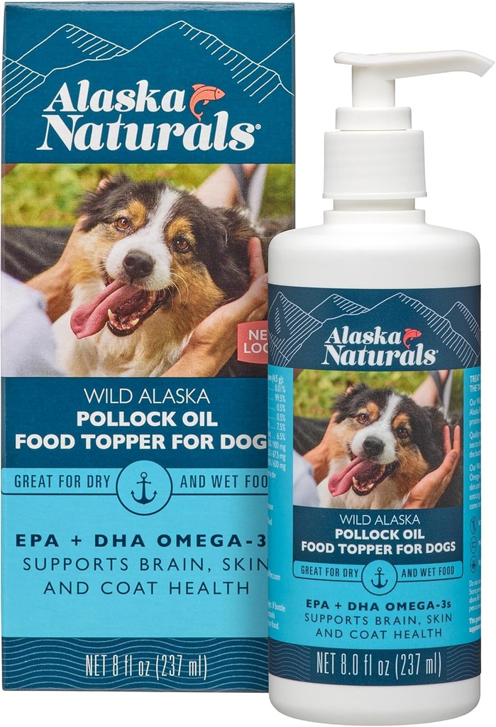 Olio di pesce selvaggio sostenibile dell'Alaska per cani Pelle e Cappotto – EPA + DHA Omega 3 olio - integratori di cani acidi grassi - Supporto Cappotto di pelliccia e salute del cervello - Topper di cibo liquido naturale per gli animali – 8 oz. Pompa
