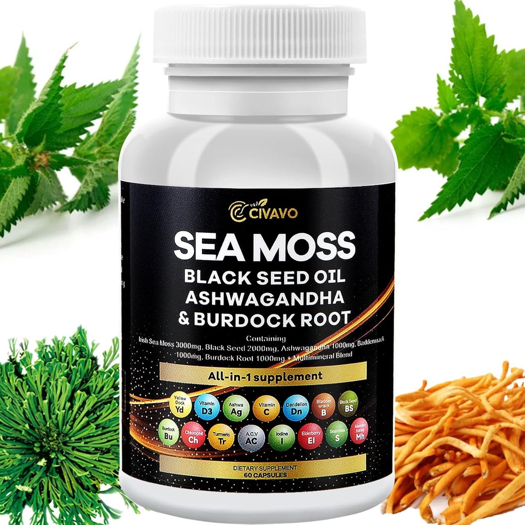 Sea Moss 3000mg Black Seed Oil 2000mg Ashwagandha 1000mg Bladderwrack 1000mg Turmeric 1000mg Burdock 1000mg Vitamina C & D3 Elderberry Manuka Dandelion Yellow Dock Chlorophyll ACV