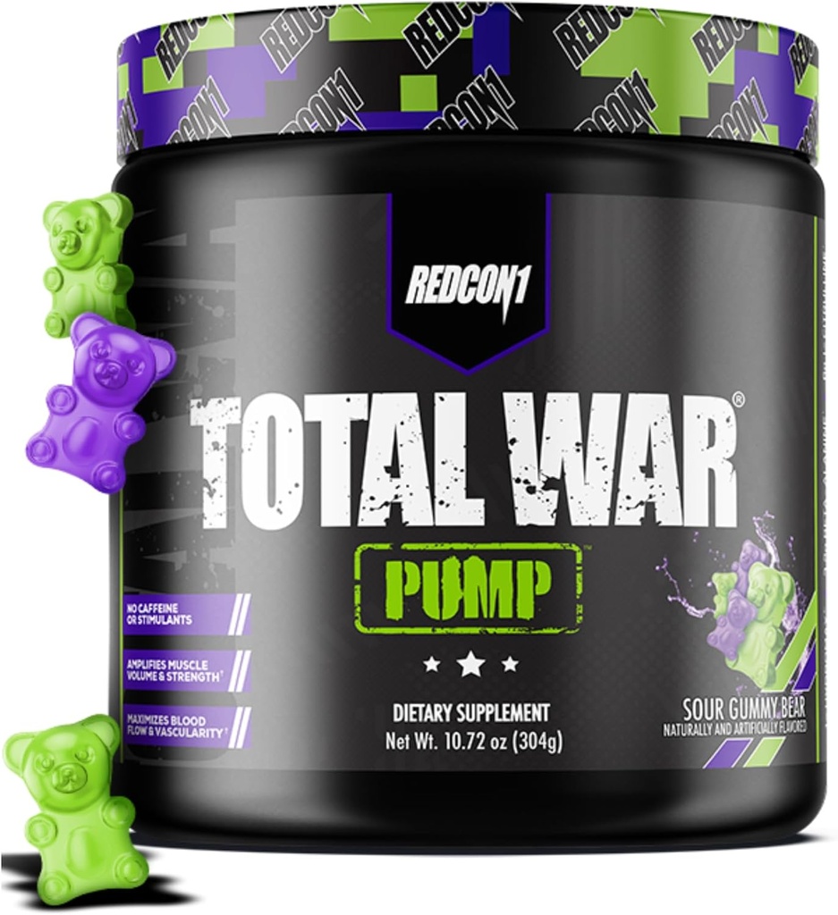 REDCON1 Non Stim & Caffeine Polvere pre allenamento gratuita per le donne e gli uomini - Total War Pump - con L-Citrulline, Beta Alanine & More - Allenamento in qualsiasi momento della giornata - Sour Gummy Bear (10.72 oz)