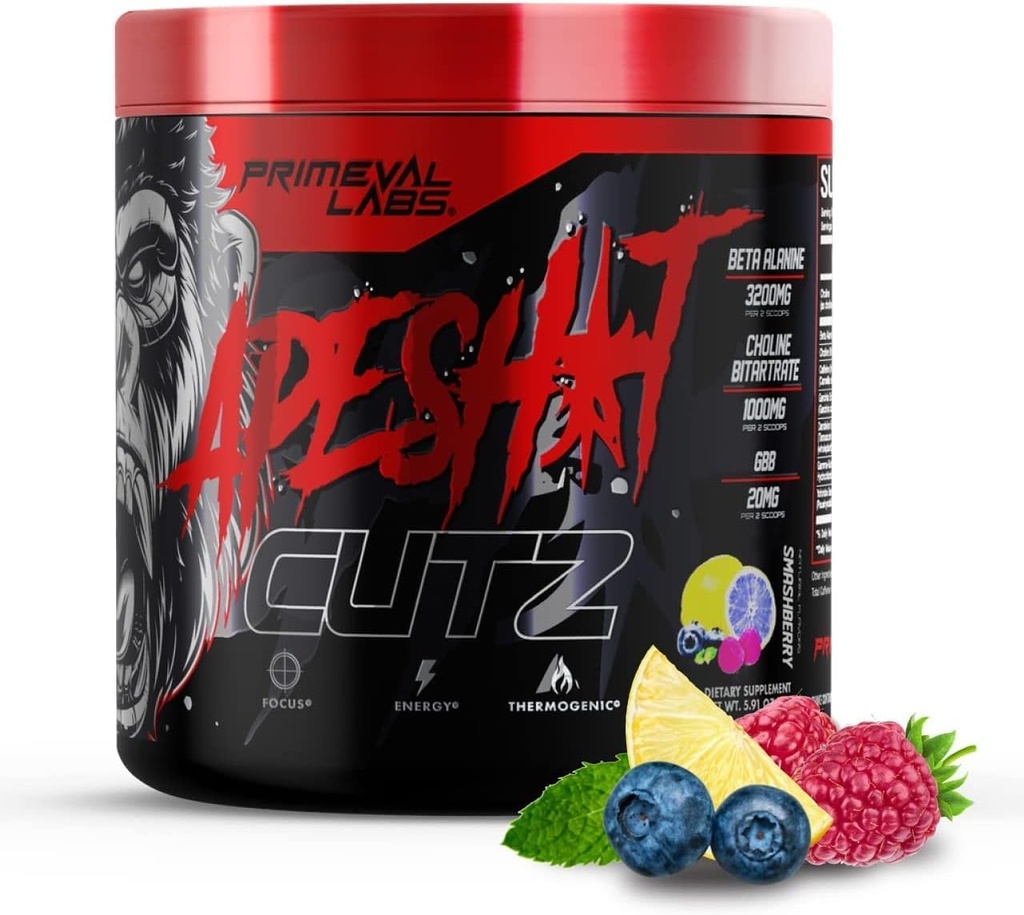 Primeval Labs Ape Cutz Pre Workout Powder | Formulato scientificamente | Aumento delle prestazioni con Beta Alanine | Post Workout Drink & Energy Booster 50 Servings Smashberry