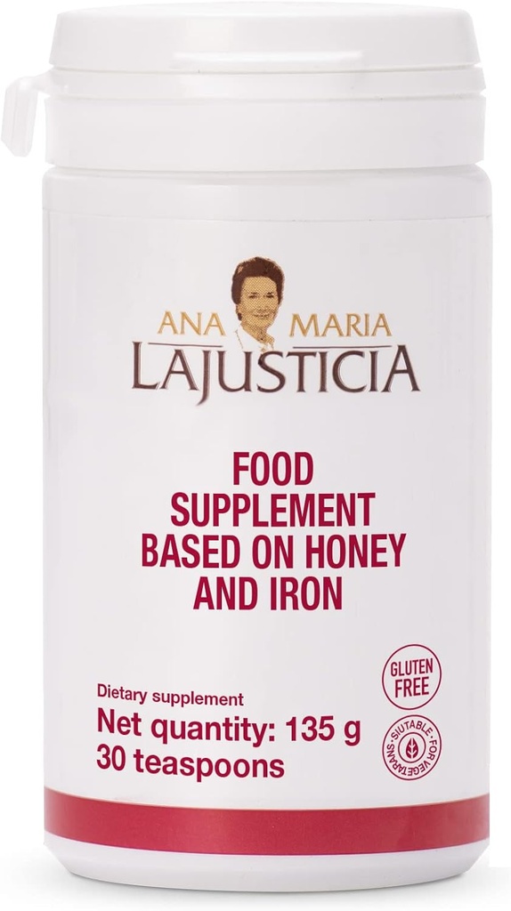 Ana Maria Lajusticia - Ferro da stiro con miele - Integratore alimentare - 135g (30 cucchiaini)- Latticini e senza glutine. Perfetto per promuovere la salute vascolare.