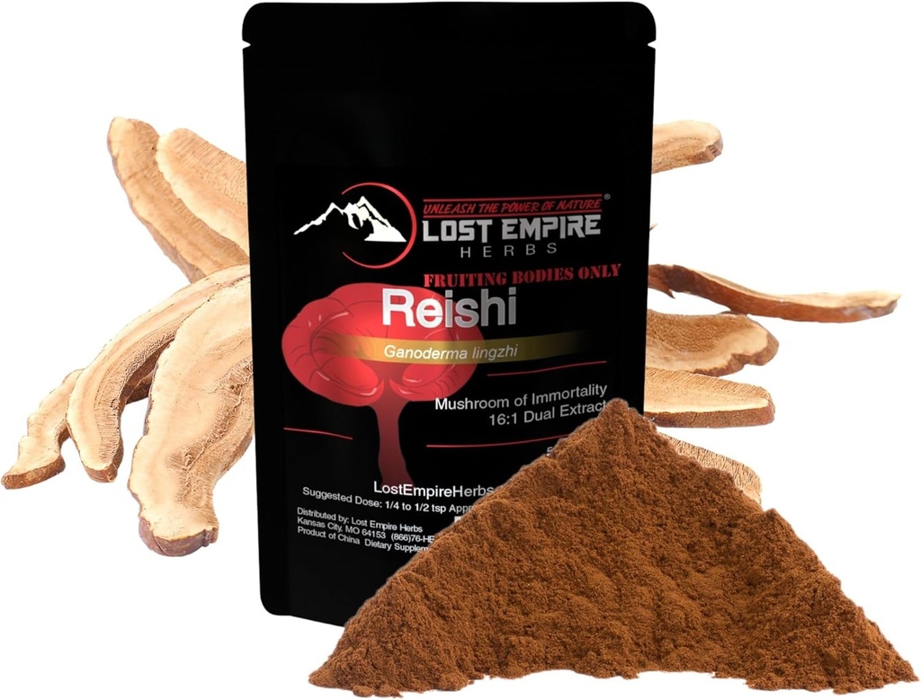 Erbe perdute Reishi (Ganoderma Lucidum) Mushroom Powder | Doppio estratto organico 16:1 dai funghi reali Non Mycelium | per il supporto immunitario (15 Grammi)