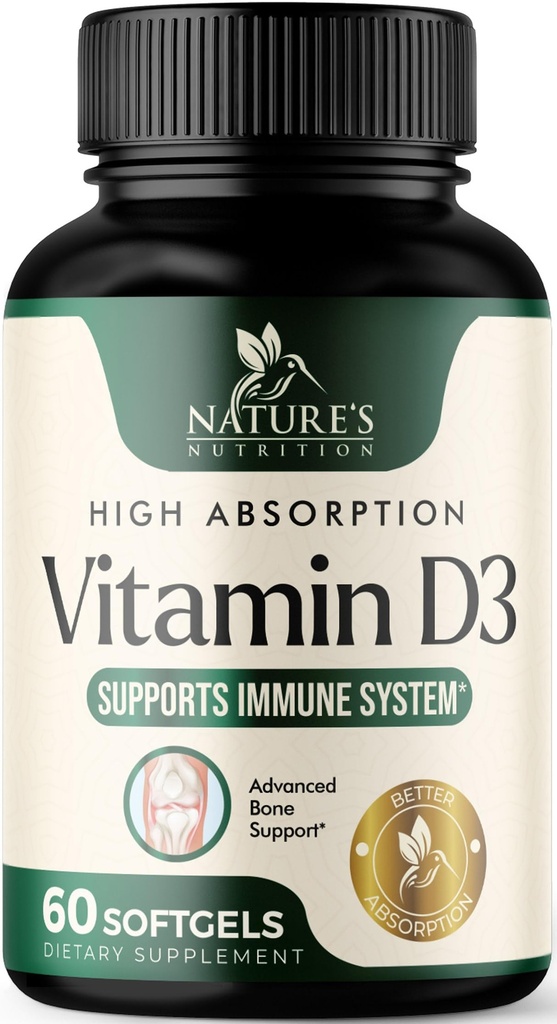 Vitamina D3 Supplemento 5000IU (125 mcg) - Vitamine ad alta resistenza D-3 Softgel dietetici per Bone, denti, salute del muscolo e supporto immunitario, assorbimento rapido Mini D Softgel, non OGM, senza glutine - 60 Conte