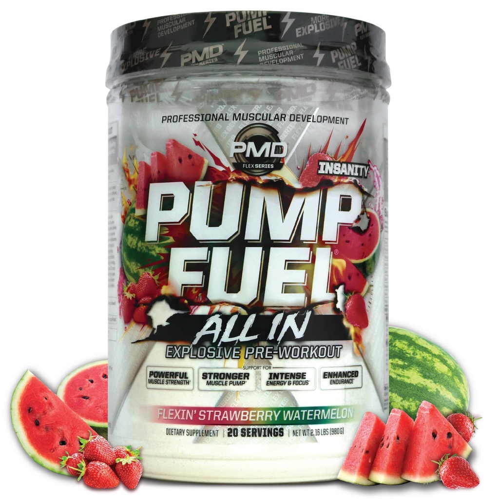 Pompa sportiva PMD Fuel All insanity, Ultimate Pre Workout & Muscle Pump, Potenza massima, Focus, Endurance & Recovery, Creatine & Beta Alanine, Watermelon di fragole di Flexin (20 Serve)