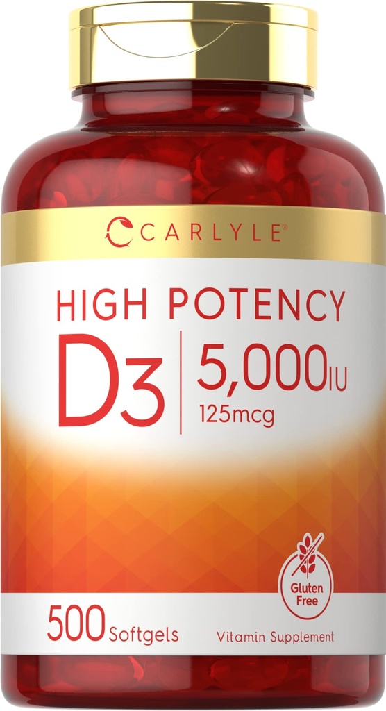 Carlyle Vitamin D3 5000 IU Softgels | 500 Count | Dimensione del valore | Non OGM e Gluten Supplemento gratuito | Formula ad alta potenza | 125mcg