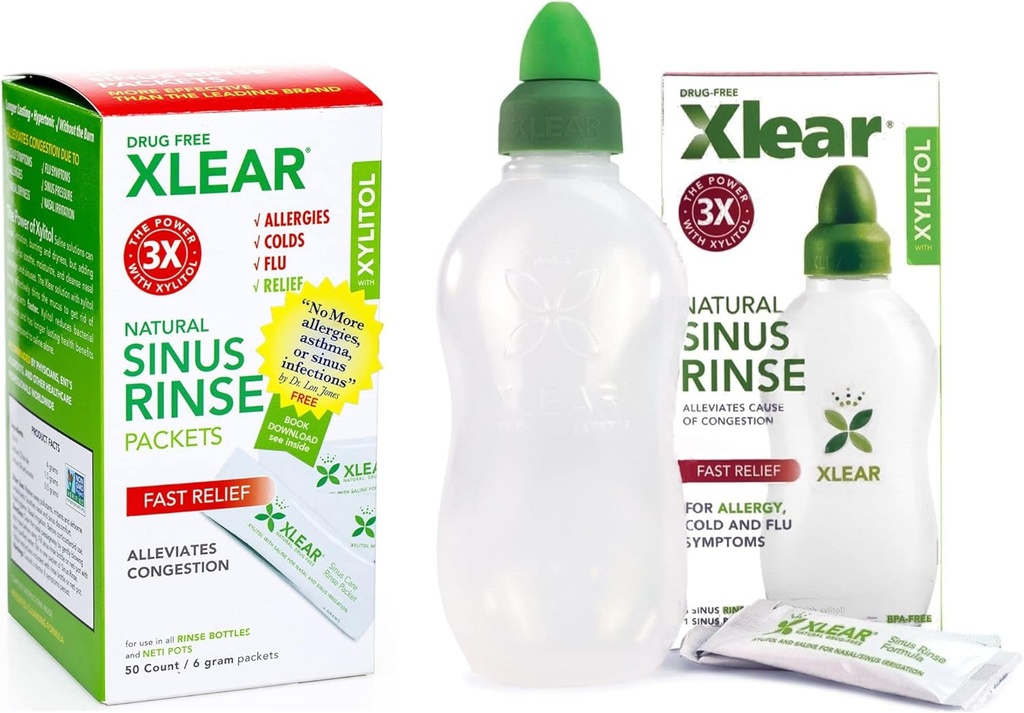 Xlear Natural Xylitol Sinus Rinse Refill, Neti Pot Saline Packets - Detergente per la pressione veloce e la congestione Rilievo, funziona con la maggior parte dei sistemi di irrigazione nasale, 50 Conte e 1 Rinse Bottiglia
