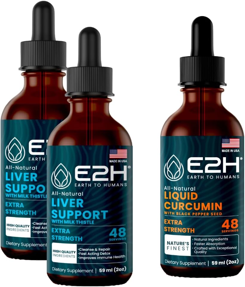 E2H: Integratore di supporto per fegato (2 Pack - 4 Fl Oz) e curcumina curcuma liquida (Boriglia singola - 2 Fl Oz) | Vegan, Non OGM - (6 Fl Oz Totale) - Bundle