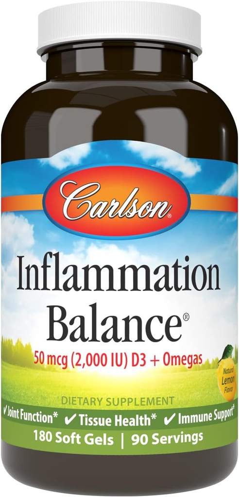 Carlson - Equilibrio di infiammazione, Equilibrato Omega-3 & Omega-6 Ratio, con D3, Norvegese, Wild-Caught Fish Oil Supplement con acidi grassi, Sostenibilmente Sourced Fish Oil Capsules, 180 Softgels