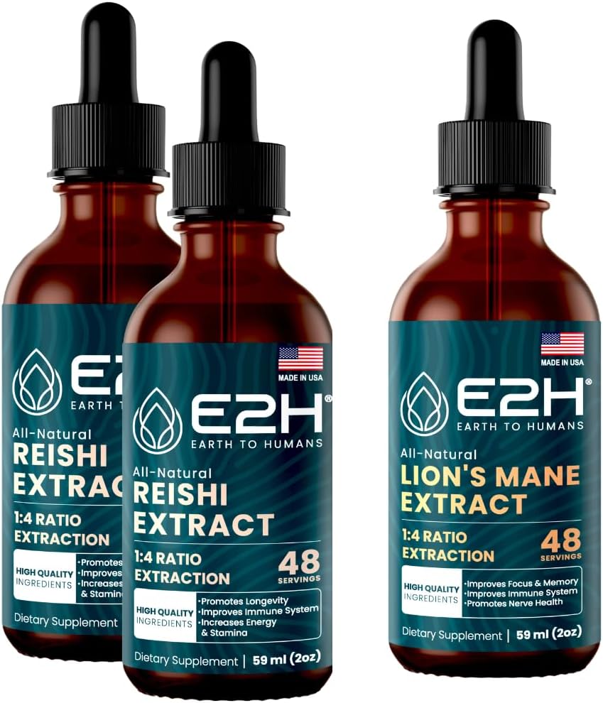 E2H: Reishi (2 Pack) & Lion's Mane Extracts - Energy, Longevity, Cognitive Sharpness, Immunity - Non-GMO, Vegan - 2 Fl Oz Every (6 Fl Oz Totale) - Bundle