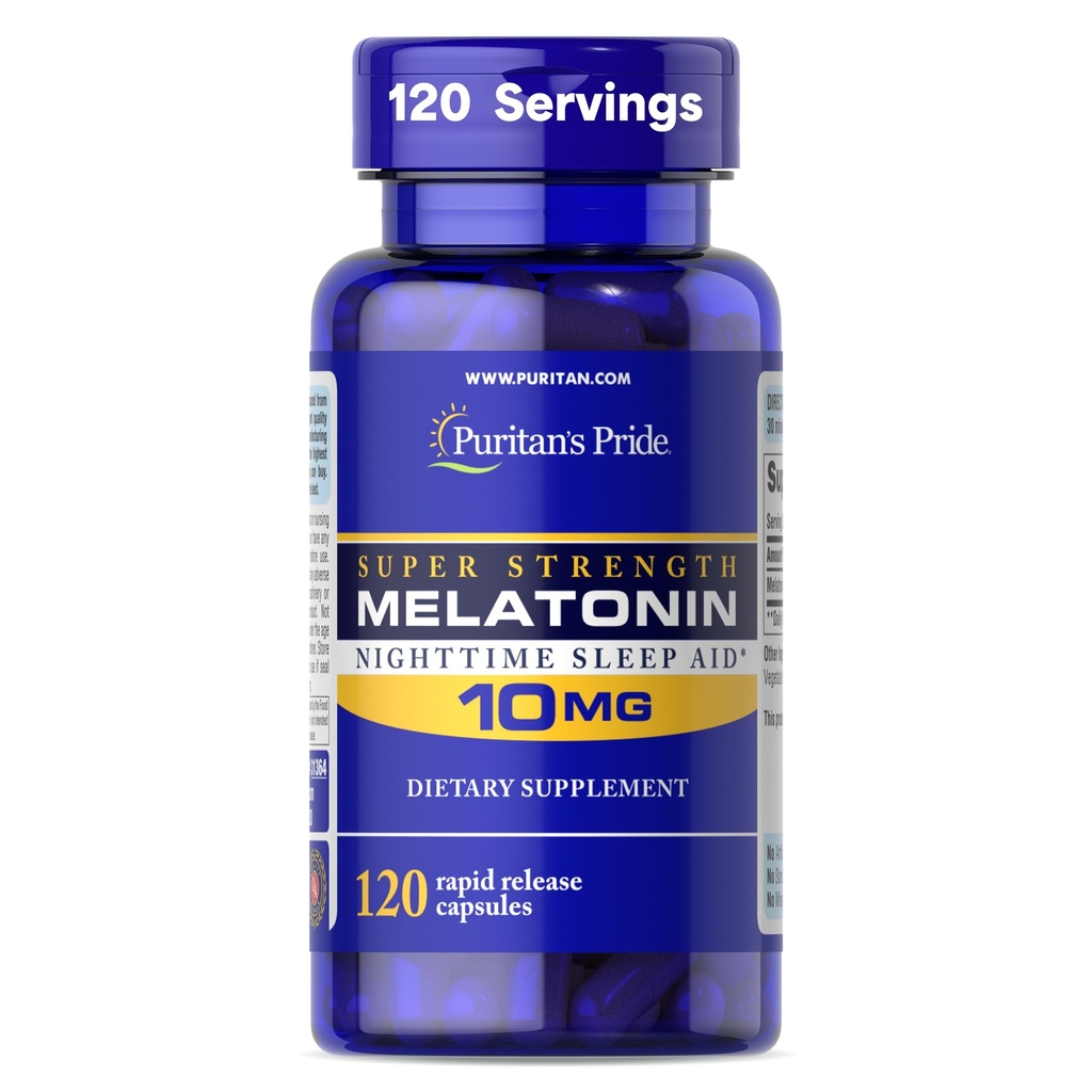 Puritan Pride Premium Super Strength Melatonin 10mg Sleep Aid, Integratore alimentare per il Suono, Riposante e Supporto per il sonno più lungo, 4 mesi di fornitura, 120 capsule di rilascio rapido (Packaging May Vary)