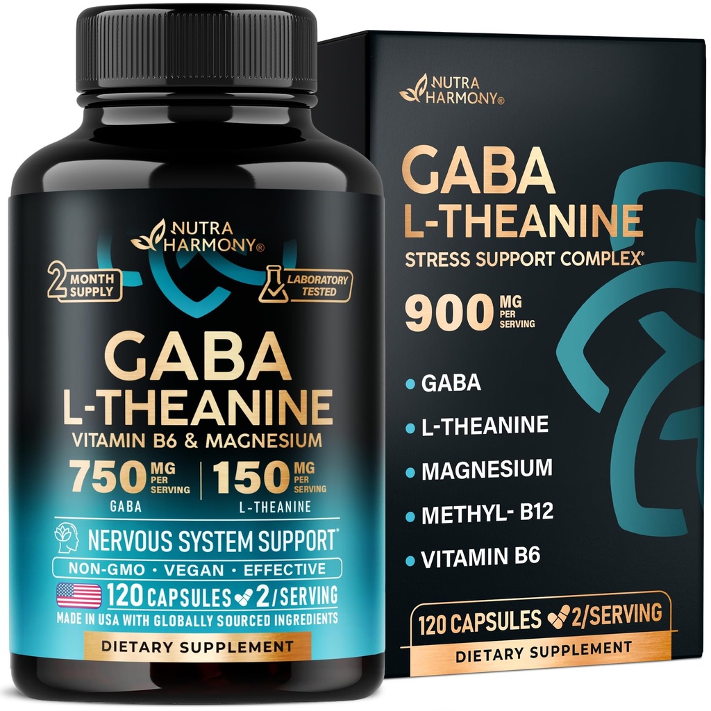 GABA L-teanina 900 mg - Made in USA - Magnesio | Vitamina B6 - Calma, sonno, Relax & Mood Support - 750 mg Gamma AminoButyric Acid, 150 mg L-teanina - Non-Habit Forming, Vegan - 120 capsule