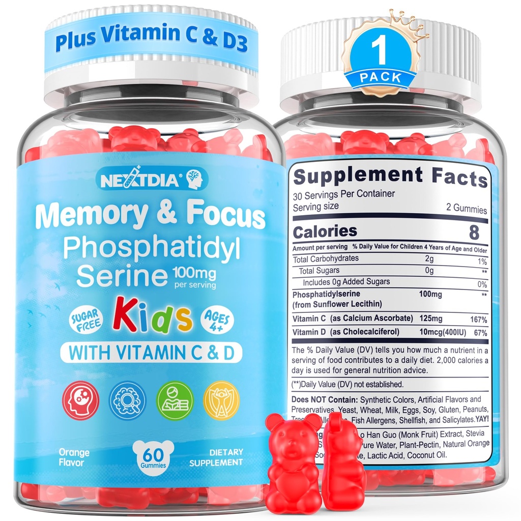 Fosfatidilserine Supplemento 100mg, Gummie di messa a fuoco per bambini adolescenti + vitamina C & D3 400IU, Zucchero gratis bambini cervello Gummies aumentare l'attenzione e concentrazione, Chewable, Vegan, senza glutine, Non OGM 60Cts