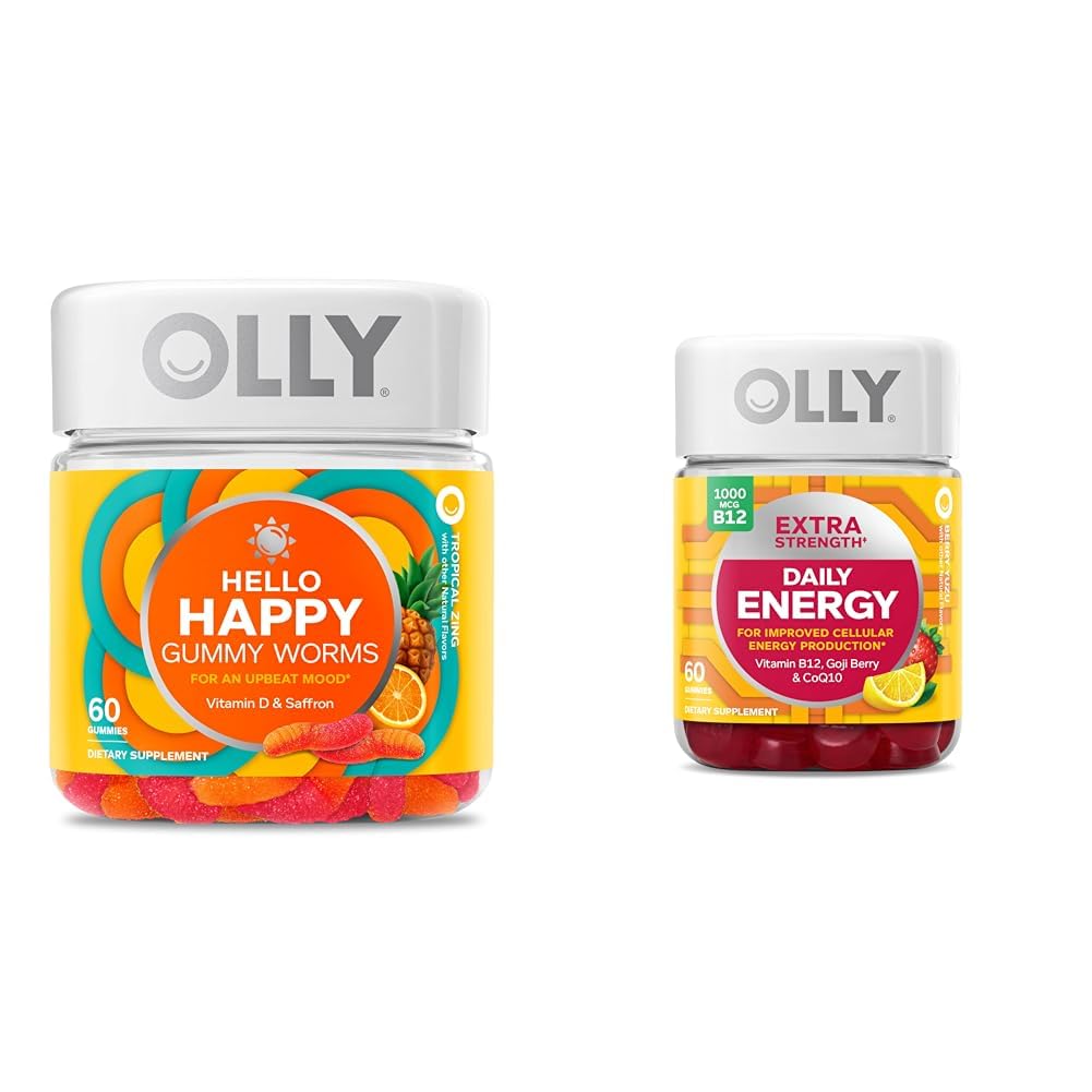 OLLY Ciao Buone gommoni, Mood Balance Support, Vitamina D, Zafferano, Adulto Chewable Supplement & Extra Strength Daily Energy Gummy, Caffeina Free, 1000mcg Vitamina B12, CoQ10, Goji Berry