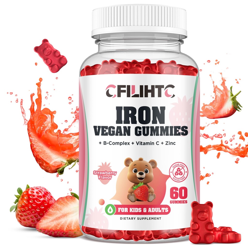Gummie di ferro per bambini, donne e uomini, supplemento di ferro con multivitaminico - Vitamina B Complex, C, B6, B12, Folate, zinco per l'anemia, carenza di ferro, Costruttore di sangue, energia - aroma di fragola, Vegan 60ct