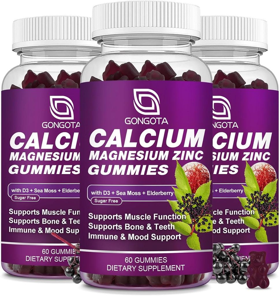 GONGOTA calcio magnesio zinco con vitamina D3 supplemento, altamente assorbente calcio gommie con 300 mg Magnesio glycinate supporto Bone & denti, muscolo per adulti e adolescenti, senza zucchero, vegano (3 pacchetto)