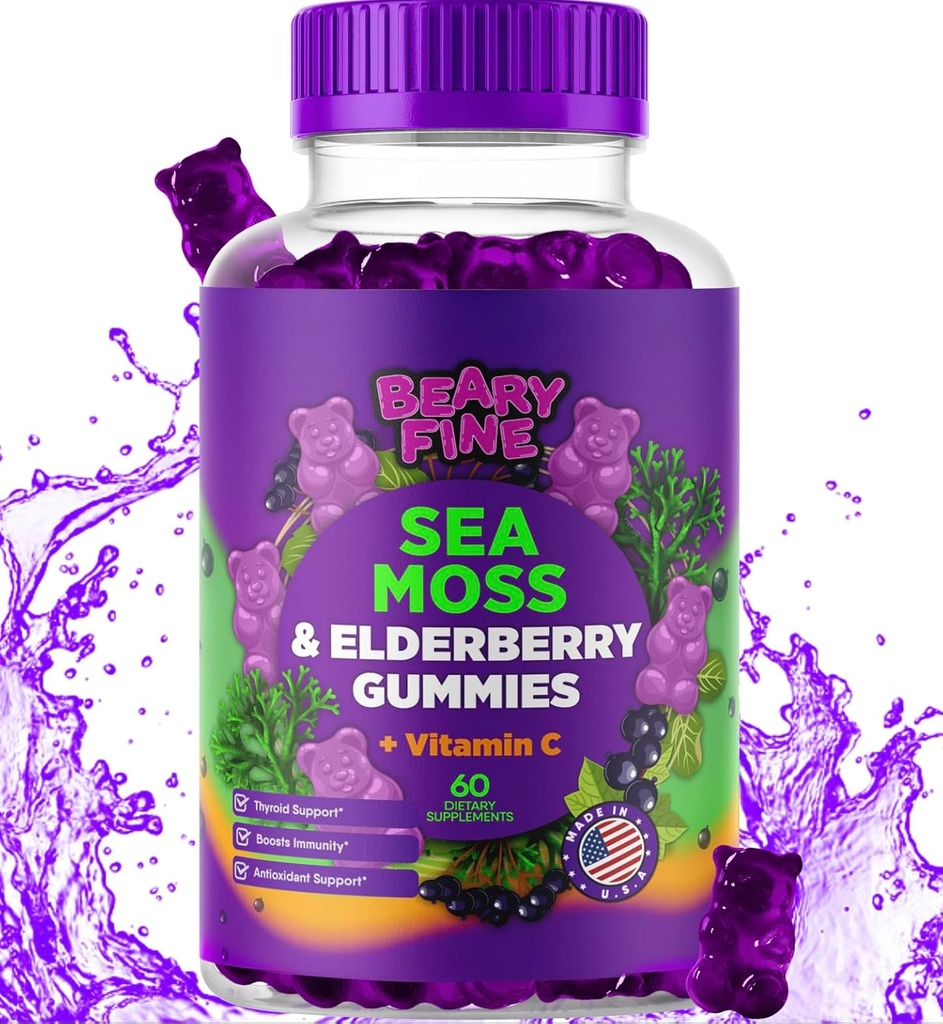 Sea Moss Gummies & Elderberry - Vitamina C + Zinc – Supporto Immune e tiroideo ad alta resistenza Orsi gommosi Booster per bambini e adulti - 60 Seamoss Gummies - Made in the USA