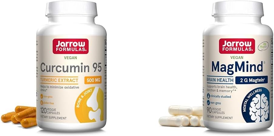 Jarrow Formulas Curcumin 95 500mg - Fino a 120 Servings (Veggie Caps) - Estratto di curcumina etrica & MagMind Brain Health con Magtein (Magnesium L-Threonate), Integratore alimentare