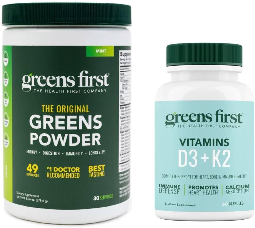 Greens First - Mint - 30 Servings - Greens Powder Superfood, 49 Superfoods, 15+ Organic Fruit & Vegetas, Dairy Free, Vegan & Non-GMO - 9.86 oz e D3+K2 Vitamine, 60 Capsule Vegetali