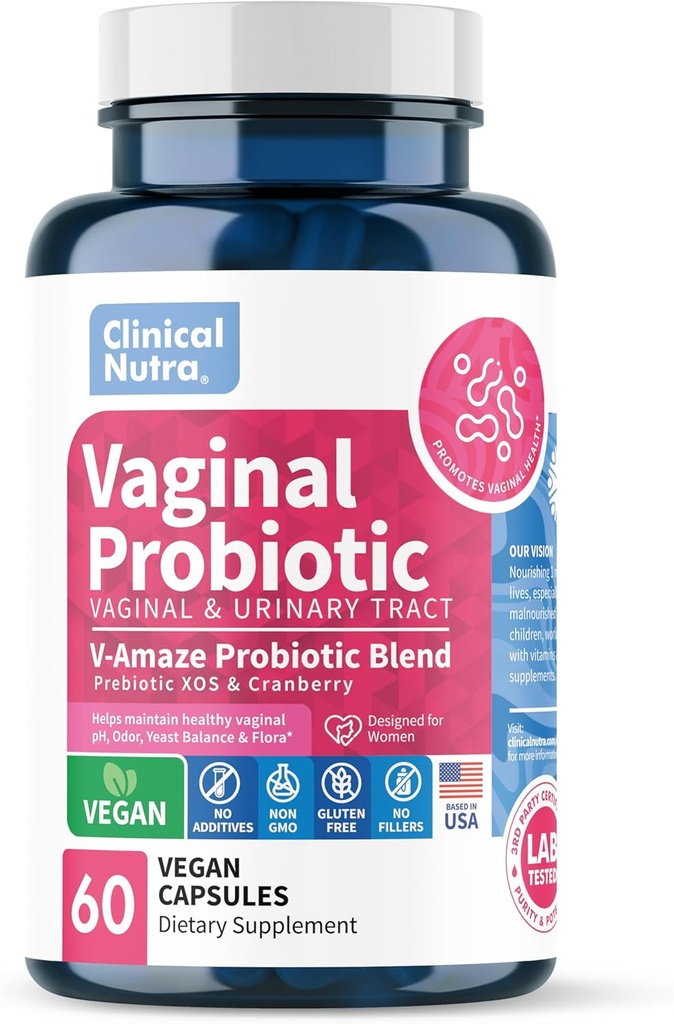 Probiotici vaginali Nutra clinici per bilanciamento del pH delle donne, controllo dell'odore vaginale con la miscela di prebiotici & Lactobacillus - Supplemento di salute delle donne Supporto sano della flora vaginale 60 capsule