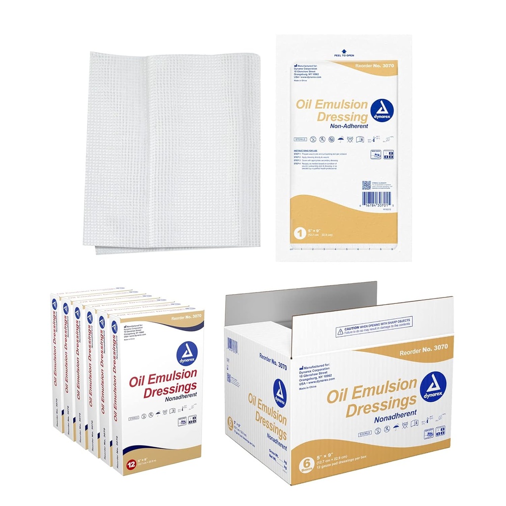 Vestiti di emulsione dell'olio di Dynarex, cura del tessuto, assorbente, 5" x 9" Sterile in maglia condimento con miscela di emulsione di petrolio e olio di girasole, 6 scatole di 12 vestiti di emulsione dell'olio