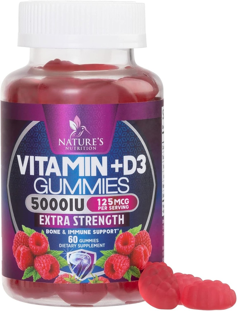Vitamina D3 Supplemento Gummy 5000 IU (125 mcg) Vitamine dietetiche D per gli uomini e le donne - Bone, denti, muscolo e supporto sanitario immunitario, Alta potenza VIT D3 Natura Non OGM & Gluten Free - 60 Gummies