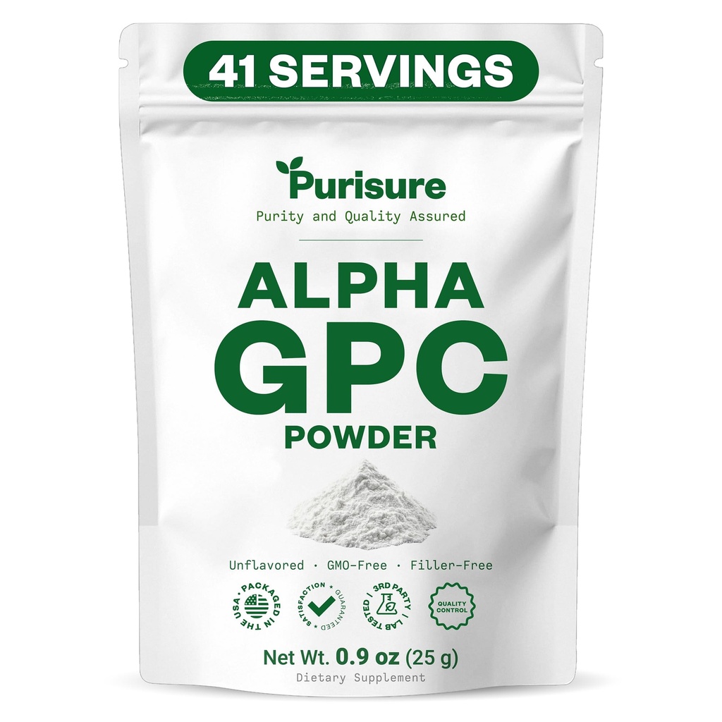 Polvere GPC Alfa Purifica, 25 g, Pure Alpha GPC Choline Supplemento per il cervello e la messa a fuoco, CDP Choline Supplementi per le prestazioni di memoria e concentrazione, Nessun filler, Non OGM, Offerte 42 Serve