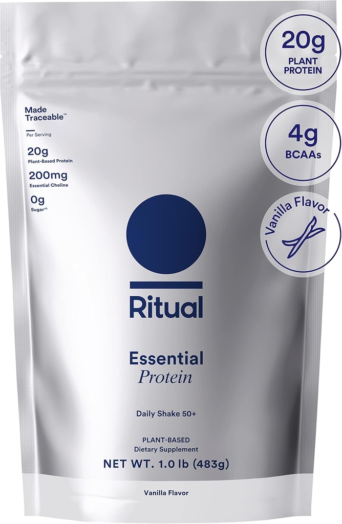Rituale 50+ Vegan Protein Powder con BCAA: 20g Organic Pea Protein da Farms rigenerativi negli Stati Uniti, Basato sulle piante, Vanilla a mano, 3rd Party Tested, Gluten-Free, Dairy-Free, Non-OGM, 1 Lbs