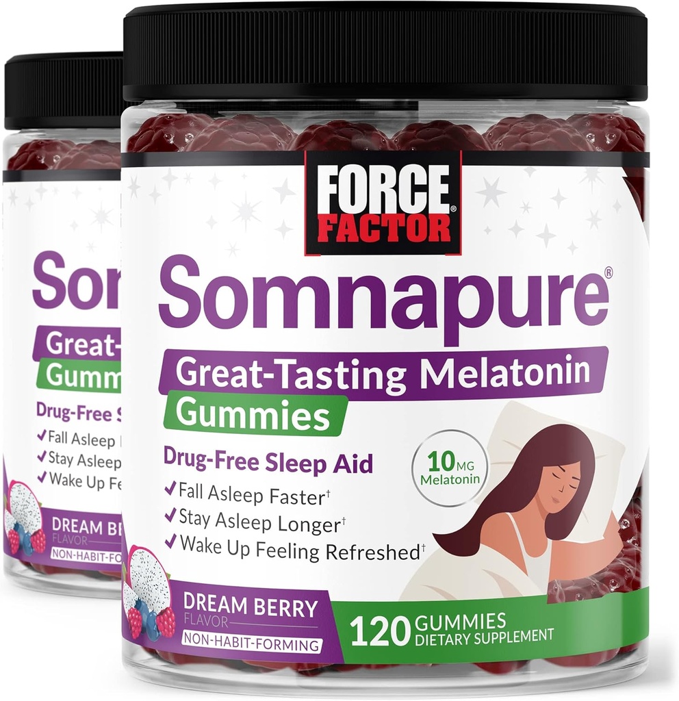 Fattore di Forza Somnapure Gummies con Melatonina, supplemento di supporto per il sonno senza farmaci per gli adulti con sonno occasionale, Dream Berry Flavor, 120 Conte (Pack of 2)