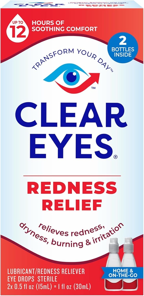 Clear Eyes Redness Relief Gocce degli occhi, occhi bianchi e sollievo asciugatura, bruciatura e irritazione, 2 x 0.5 Fl Oz, Twin Pack