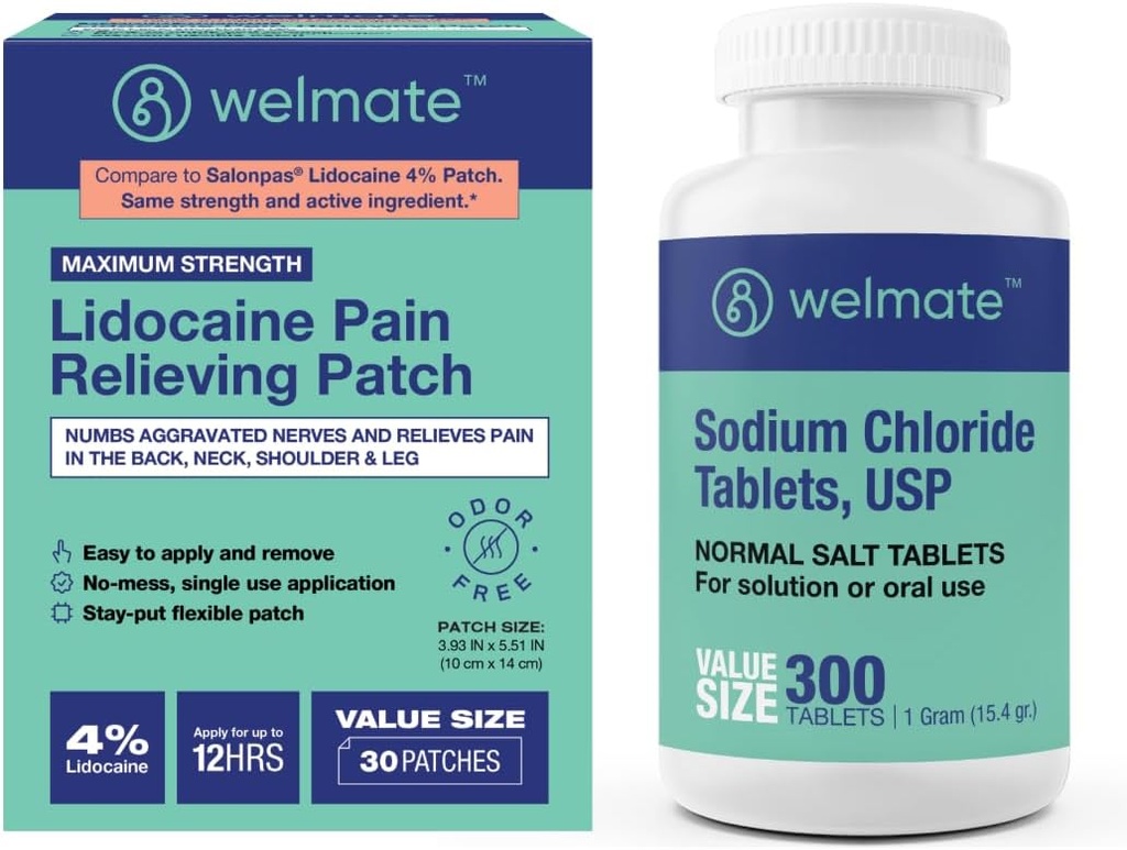WELMATE Recovery Bundle: Compresse di cloruro di sodio, 300ct + 4% lidocaina Numbing Patch 30 ct