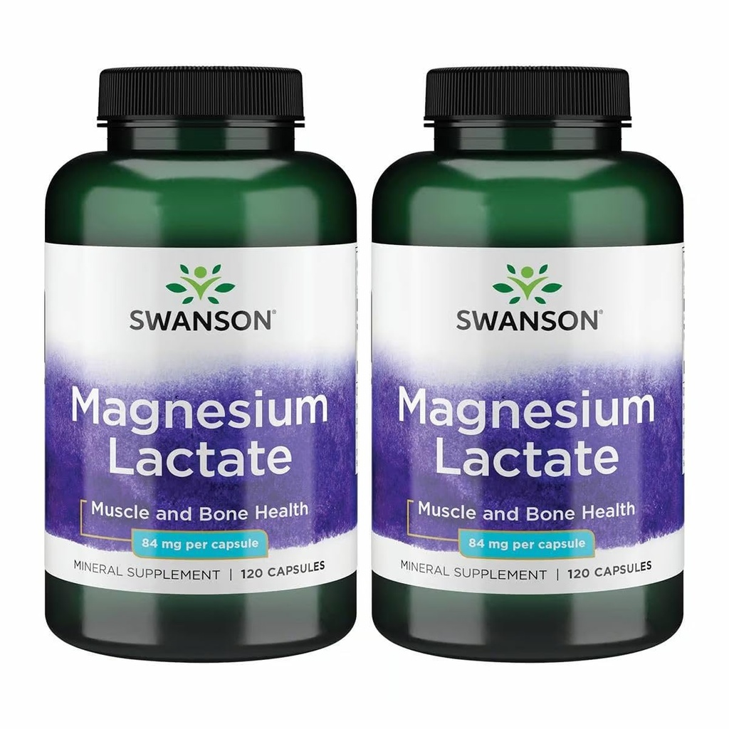 Lattato di magnesio di Swanson - Supplemento minerale Promuovere il muscolo e il sostegno della salute di Bone - Lattosio-Free Lattato Forma minerale per l'assorbimento di Gentle - (120 capsule, 84 mg ogni) 2 confezione