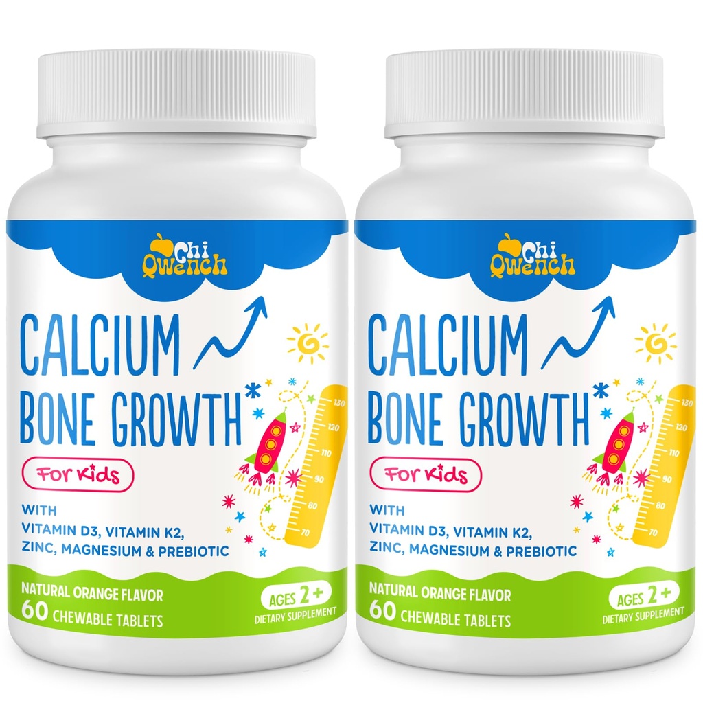 500 MG Calcium Supplemento con vitamina D3 & K2, Zinco, Magnesio e Prebiotici. Vitamine per bambini per altezza bambini. Forza di ossa, alto assorbimento, masticabili arancio, senza glutine, 120 schede