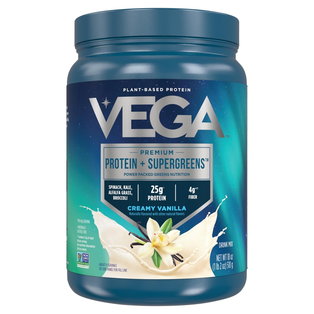 Vega Proteine e Verdi Proteine Vanilla cremosa (11 Serve) 25g vegetali Protein Plus Veggies, Vegan, Non OGM, Pea Protein per Donne e Uomini, 1,2kg