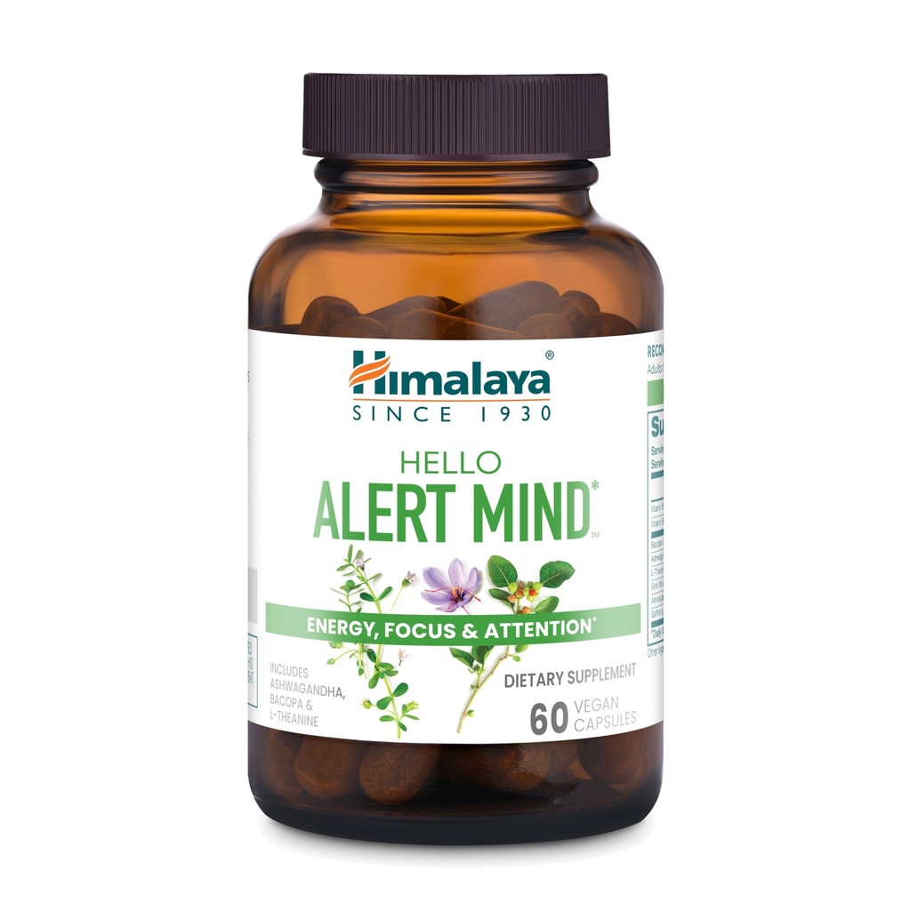 Himalaya Hello Alert Mind with L-Theanine, Ashwagandha, Bacopa, Vitamina B6 & B12, for Energy, Focus & Attenzione, Vegan, Gluten Free, 60 Capsule