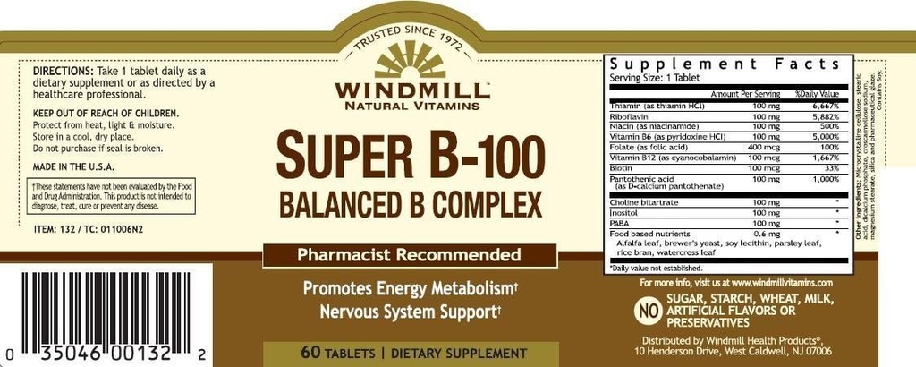 Vitamina B-100 COMPLEX TAB WMILL Dimensioni: 60