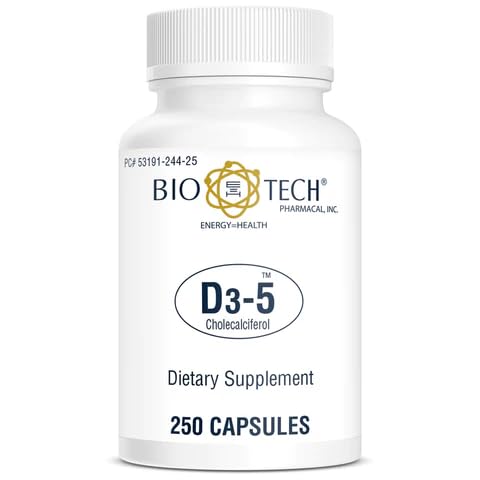 Bio-Tech Pharmacal D3-5 (5000 IU), 250 capsule – Integratore Naturale – Supporta la Salute Bone & Immune – Nessun latticini, pesce, glutine, arachidi, crostacei, & Soia – Nessun colore artificiale