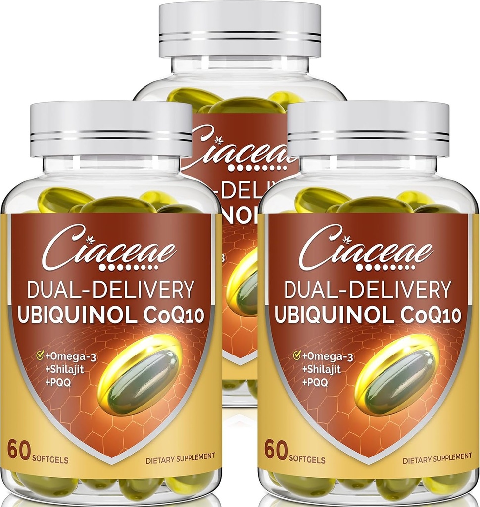 Ubiquinol CoQ10 600 MG Softgels con Omega-3 & Shilajit & PQQ, Advanced Dual-Delivery Coenzyme-Q10, Active CoQ10 Ubiquinol Supplemento per fertilità, antiossidante, cuore, cervello & energia, 180 Serve