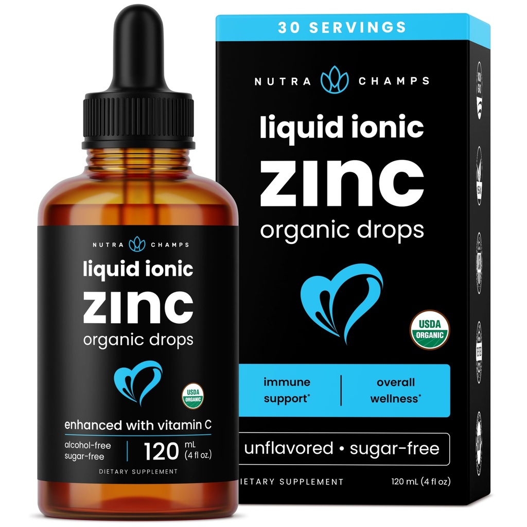 Zinco liquido NutraChamps per bambini e adulti, Vegan, Gocce di zinco ionico puro potenziato con vitamina C, integratori per il supporto immunitario, liquido senza zucchero 4 oz
