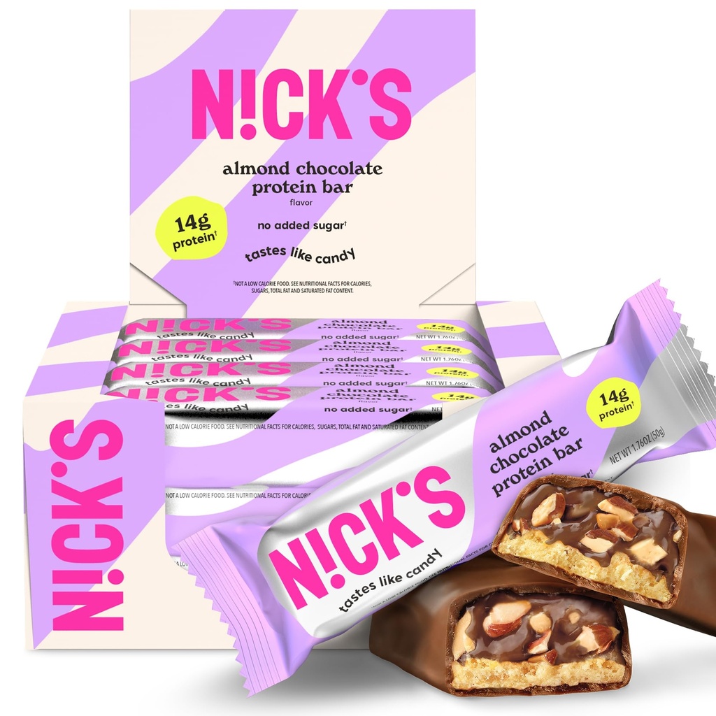Nick's Protein Bars Chocolate | High Protein | Lowcalories | Low Carb Keto Friendly Snacks No Aggiunto Zucchero (Multipack 12 bar x 50g) (12 Conte (Pack of 1), Cioccolato di mandorle)