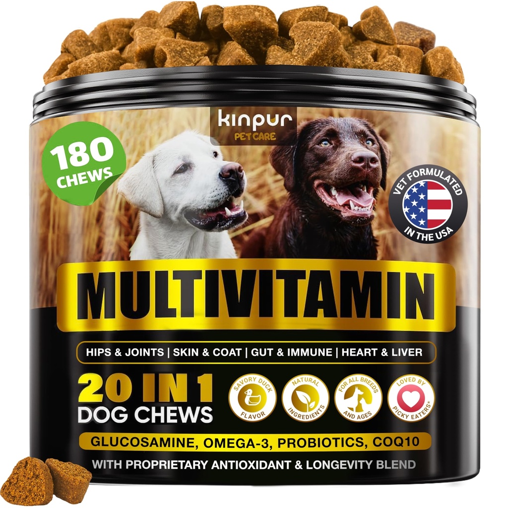 Integratori Multivitaminici 20-in-1 Cane - Immunità, Digestione, Joint and Heart Health Support - Vitamine Natural Dog con Biotina, Msm, Mirtillo, Glucosamina per Cani - 180 Chews