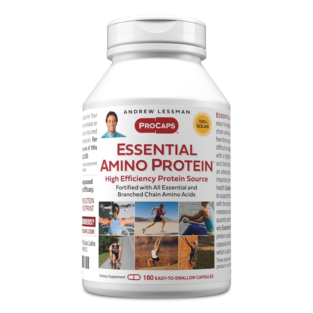 ANDREW LESSMAN Essential Amino Protein 180 Capsules - Una fonte proteica altamente biodisponibile con aminoacidi a catena essenziali e ramificati. Supporta struttura e funzione di organi chiave e tessuti.