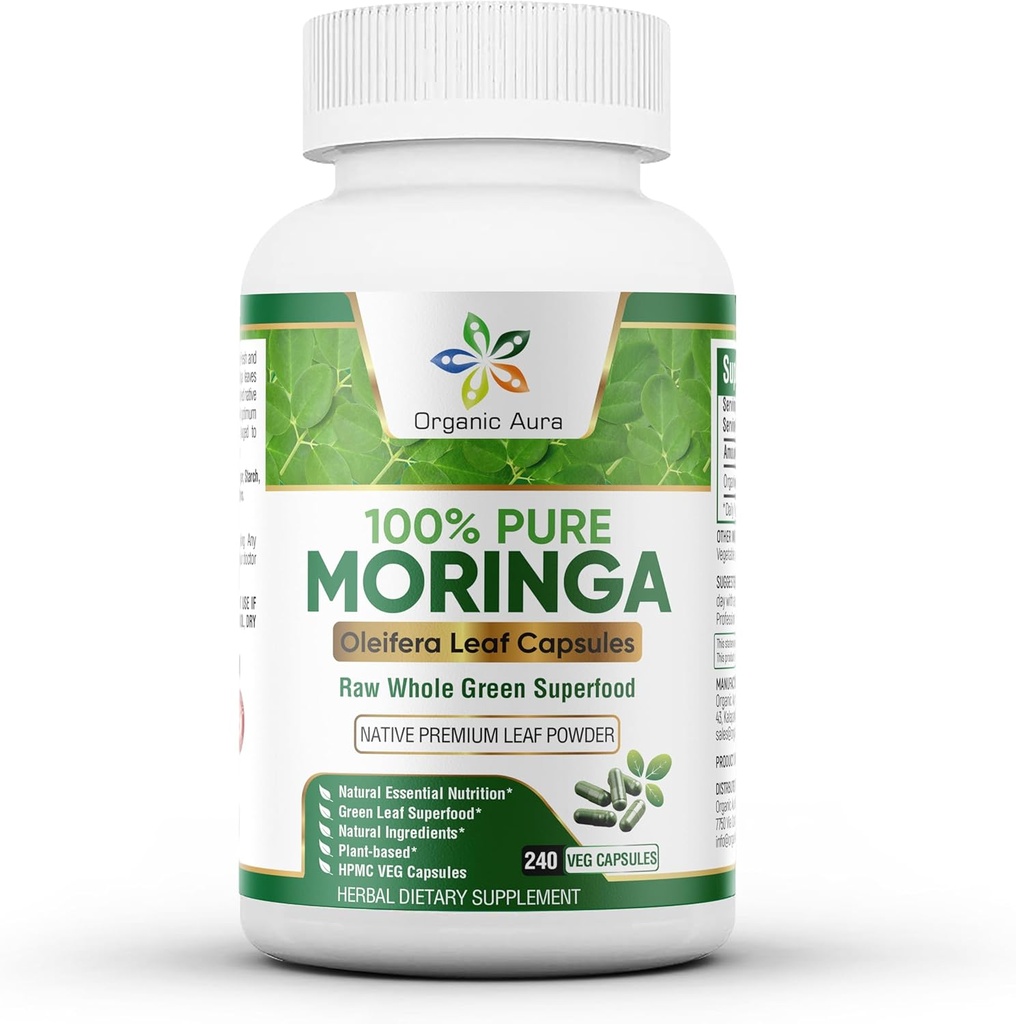 Estratto di chicco di caffè verde Aura - Pacchetto all'ingrosso 240 Ct. Autentico supplemento di foglie di Moringa crudo per energia, metabolismo, lattazione, immunità e salute comune. Whole Leaves Green Super Food Nutrition.