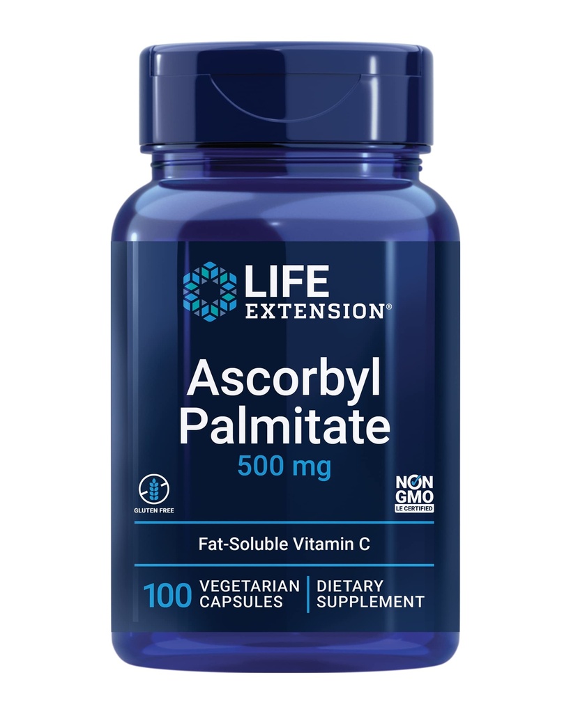Estensione della vita Ascorbyl Palmitate 500mg – Fat-Soluble Vitamin C Supplemento per il supporto immunitario e la longevità – Water-Soluble Gluten-Free, Non-OGM, Vegetariano – 100 Capsule